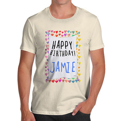 Men's Personalised Happy Birthday! Birds & Hearts T-Shirt