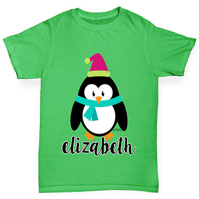 Personalised Cartoon Christmas Penguin Girl's T-Shirt