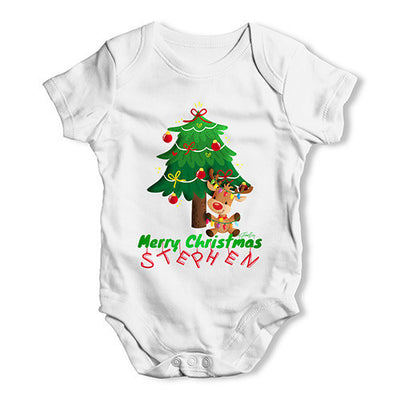 Personalised Merry Christmas Reindeer Tree Baby Unisex Baby Grow Bodysuit