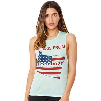 Greetings From Oregon USA Flag Women's Flowy Scoop Muscle Tank