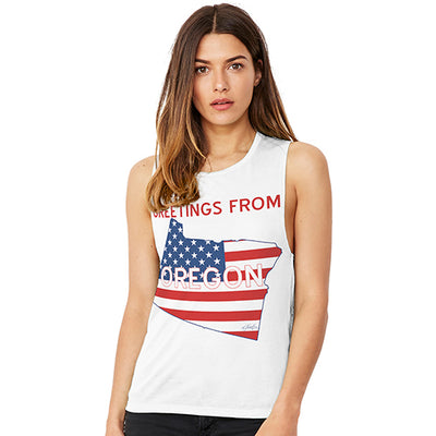 Greetings From Oregon USA Flag Women's Flowy Scoop Muscle Tank