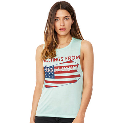 Greetings From Pennsylvania USA Flag Women's Flowy Scoop Muscle Tank