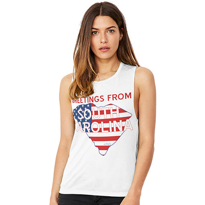 Greetings From South Carolina USA Flag Women's Flowy Scoop Muscle Tank