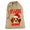 Personalised Xmas Santa Sack Jute Vintage All I Want For Christmas Is A Beagle